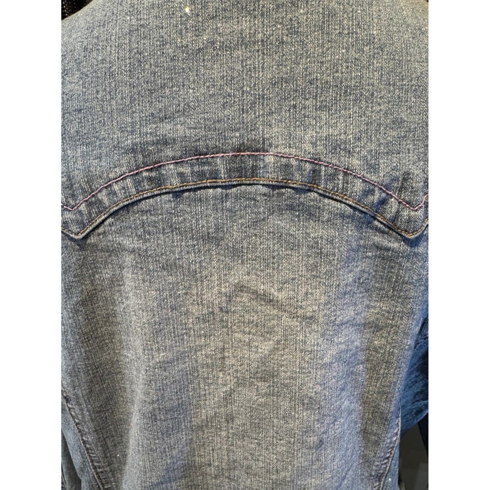 Arizona Jean Co Blue Denim Jacket Pink Contrast Stitching Cinch Back Rhinestone - Picture 6 of 9